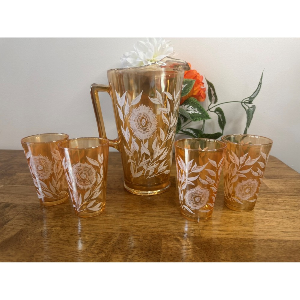 Jeannette Glass Marigold Iridescent Late Sunflowers‎ Pitcher Set Vintage 5 Piece